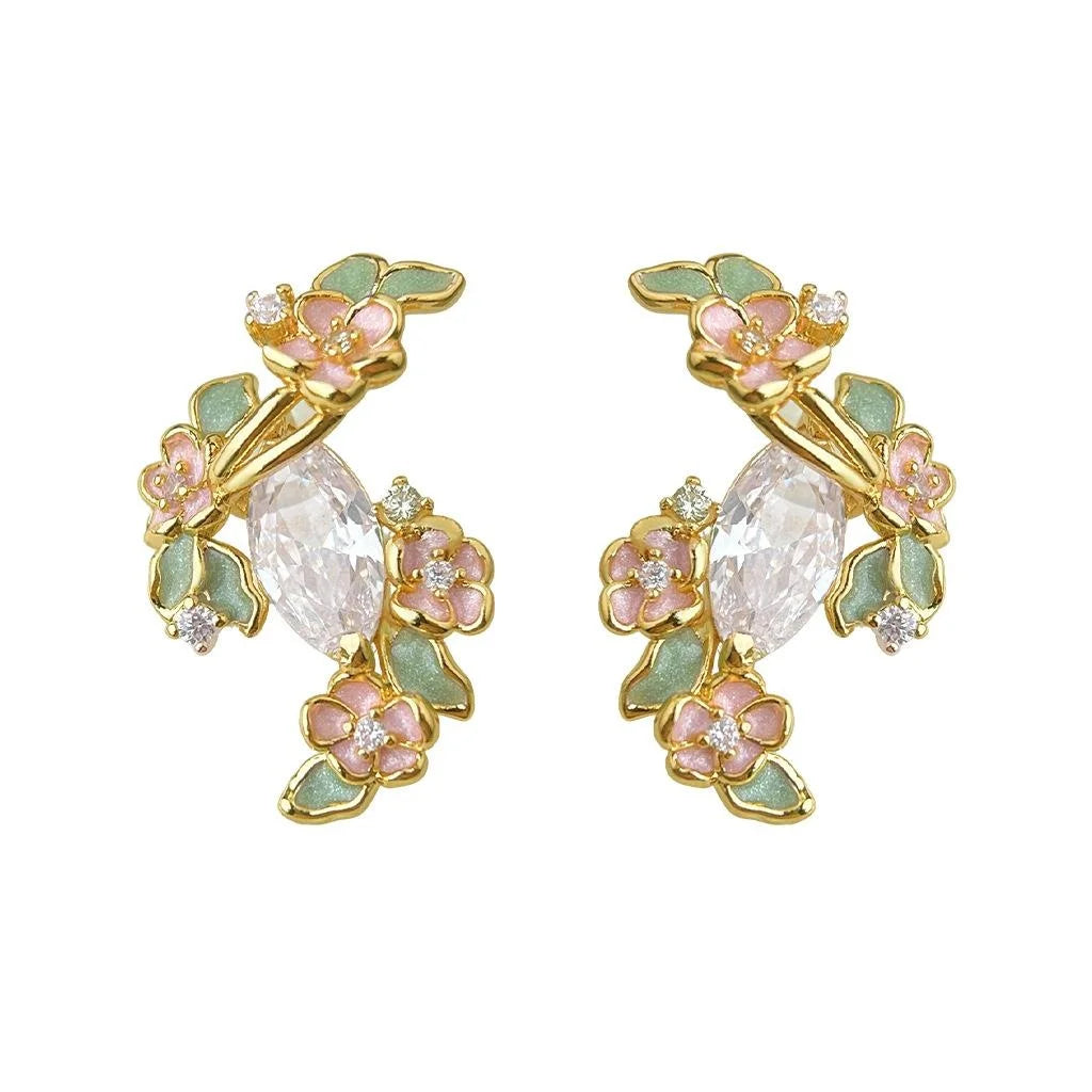 Original Floral Copper Zircon Stud Earrings Sweet Elegant Niche Designer Jewelry
