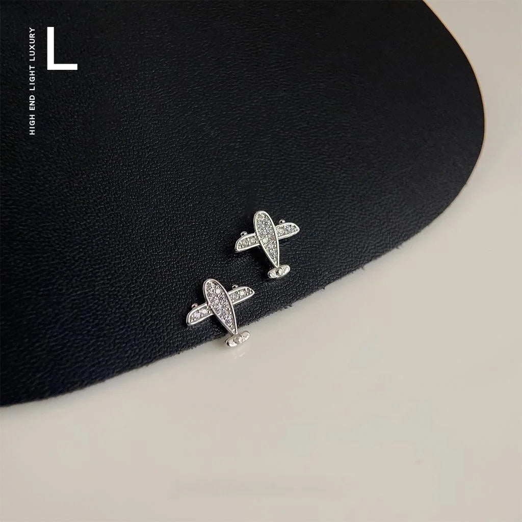 Micro Pave Zircon Mini Airplane Stud Earrings Copper Geometric Quirky Commuter Jewelry