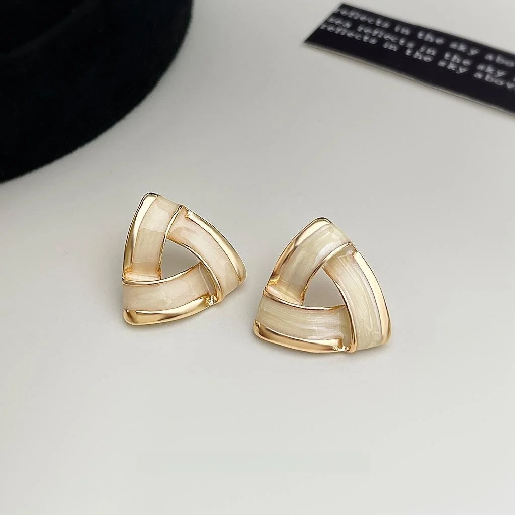 French Vintage Geometric Triangle Enamel Copper Stud Earrings, Light Luxury Silver Plated for Women