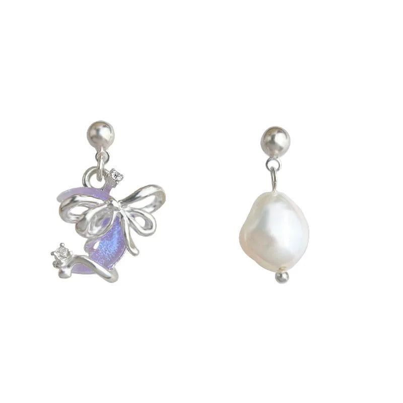 Asymmetric Freshwater Pearl Moon And Bow Geometric Drop Earrings For Women Instagram Style