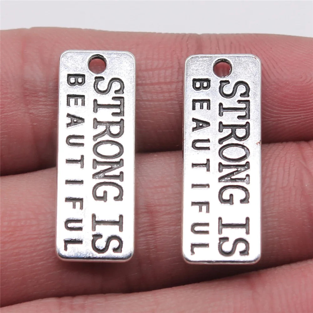 10x27mm 1.8g Zinc Alloy strong is beautiful Word Tag Letter Charm Pendant for DIY Inspirational Jewelry