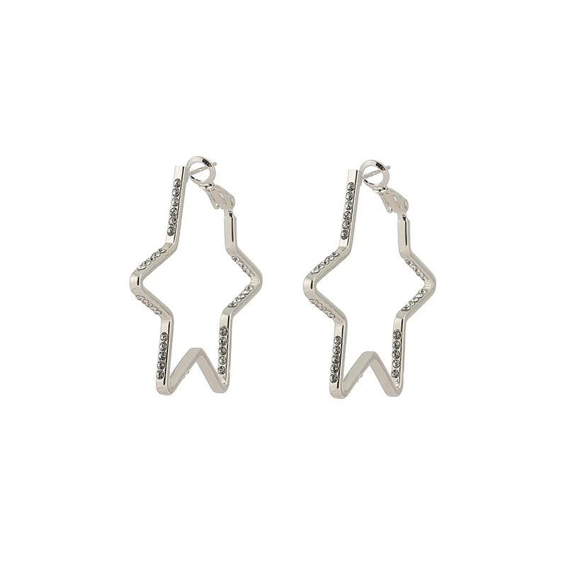 Elegant Silver Alloy Rhinestone Five Point Star Hoop Stud & Clip On No Piercing Fashion Earrings