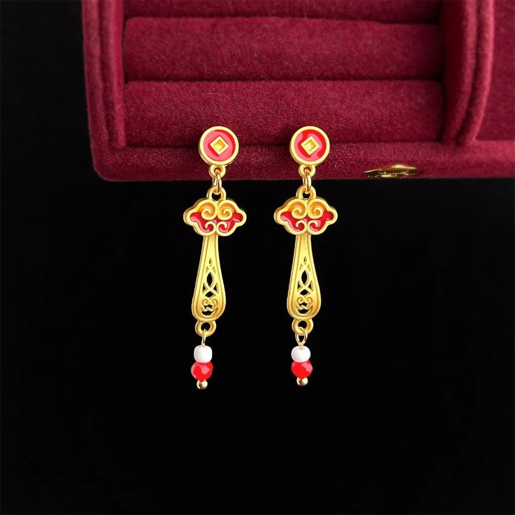 Chinese Style Red Enamel Ruyi Cloud Drop Earrings, Copper Glass Crystal Long Dangle Jewelry