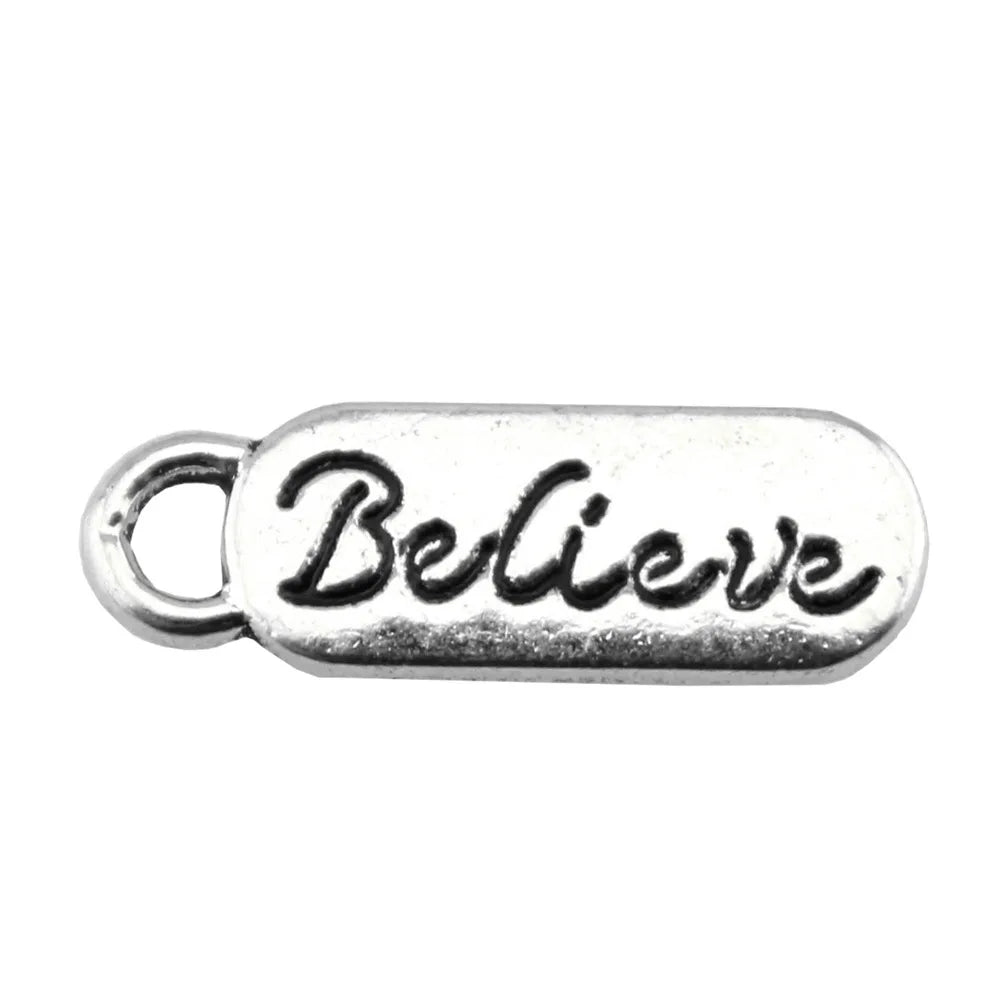 20x6mm 1g Antique Silver Zinc Alloy BELIEVE Word Tag Letter Charm Pendant for DIY Bracelet Necklace Making