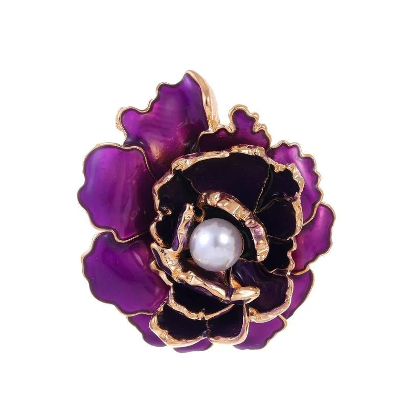 Elegant Red Enamel Peony Flower Brooch With Pearl Center, Gold Tone Alloy Lapel Pin Corsage Gift