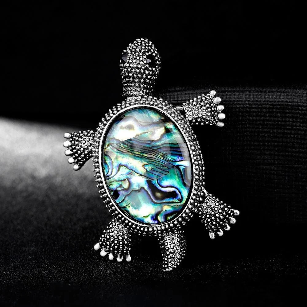Vintage Turtle Brooch With Rhinestone Alloy Frame And Mother Of Pearl Shell, Elegant Lapel Pin Suit Accessory