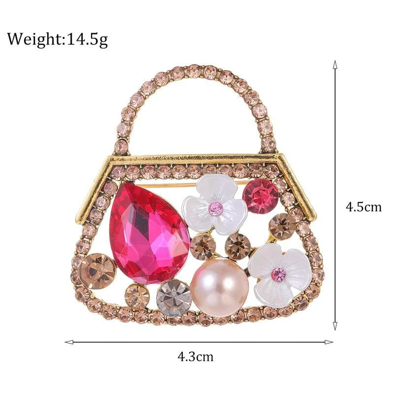 Vintage Handbag Brooch With Pink Rhinestones, Faux Pearl And Mother Of Pearl Flowers, Elegant Lapel Pin Gift