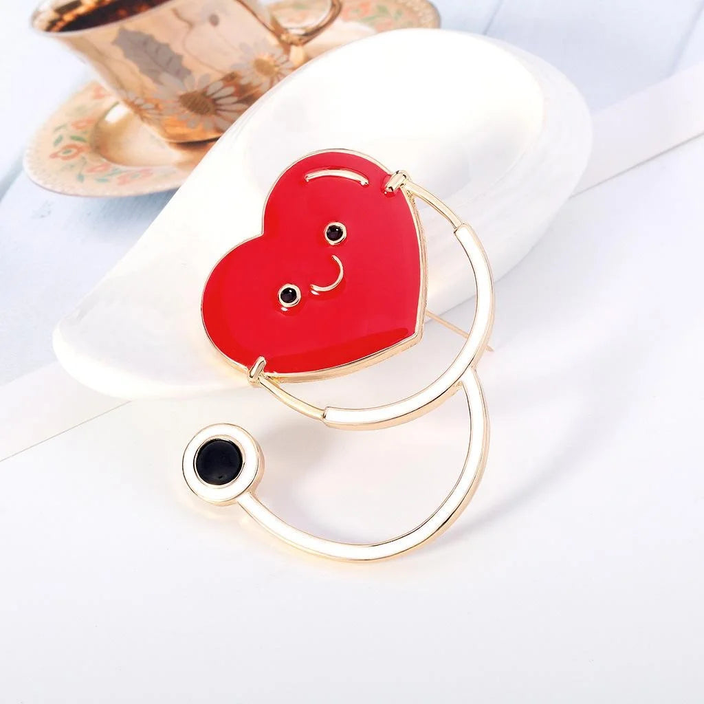 Cute Red Heart Stethoscope Enamel Alloy Brooch, Medical Nurse Doctor Lapel Pin Corsage Gift
