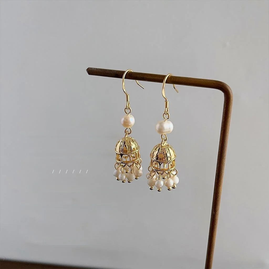 Handmade Freshwater Pearl Tassel Drop Earrings 14K Plated Geometric Light Luxury Jewelry
