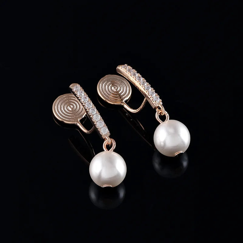 Elegant Spiral Disc Zircon Bar Pearl Drop Stud & Clip On No Piercing Alloy Tassel Earrings