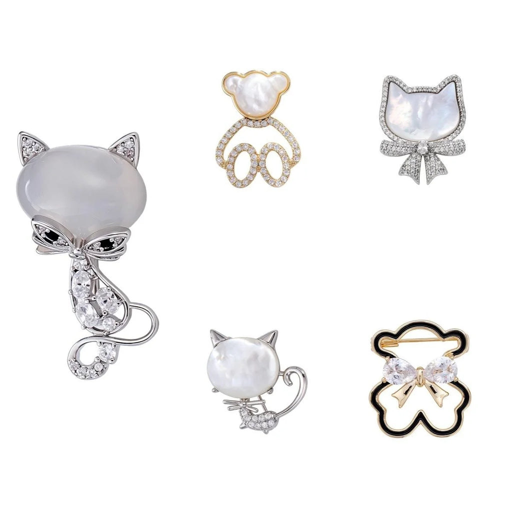 Cute Luxury Cat Bow Brooch With Zircon Rhinestones And Mother Of Pearl, Elegant Lapel Pin Suit Accessory Gift
