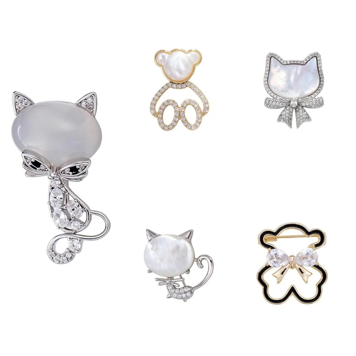 Cute Luxury Cat Bow Brooch With Zircon Rhinestones And Mother Of Pearl, Elegant Lapel Pin Suit Accessory Gift