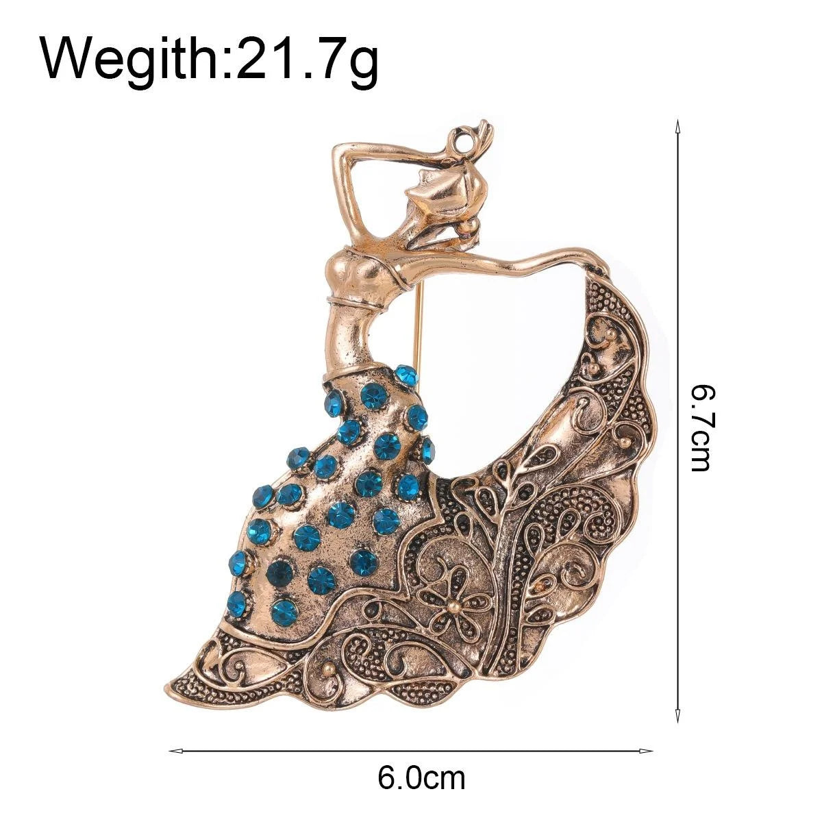 Vintage Ethnic Dancing Girl Brooch With Blue Rhinestones, Antique Gold Alloy Lapel Pin Suit Accessory