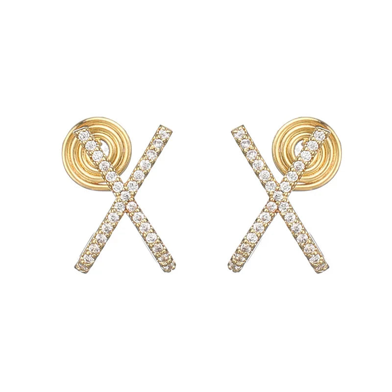 Elegant Rhinestone X Letter Cross Gold Alloy Stud & Clip On No Piercing Minimalist Micro Pave Earrings