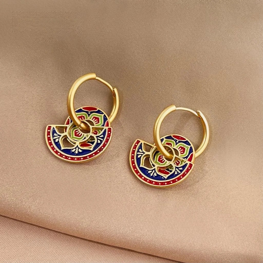 Vintage Ethnic Copper Handmade Painted Enamel Lotus Geometric Drop Earrings