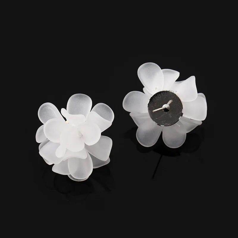 Elegant White Acrylic 3D Flower Petal Stud & Clip On No Piercing French Bridal Statement Earrings