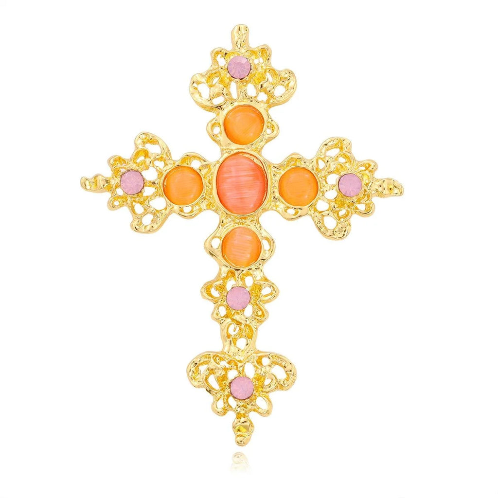 Elegant Silver Alloy Cross Brooch With Blue Rhinestones And Turquoise Cabochons, Women's Lapel Pin Gift