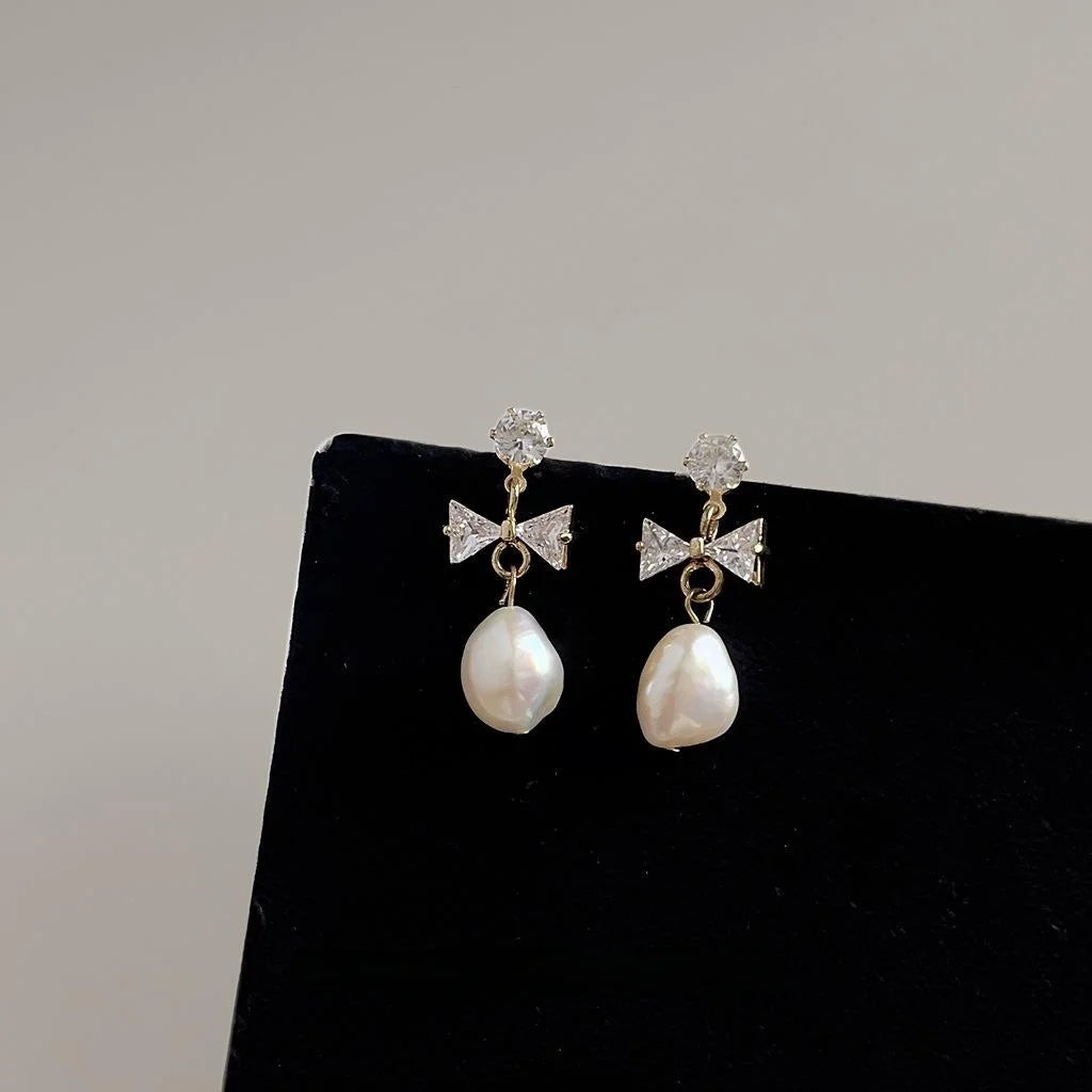 Vintage Baroque Freshwater Pearl Bow Drop Earrings With Zircon And Silver Plated Pins