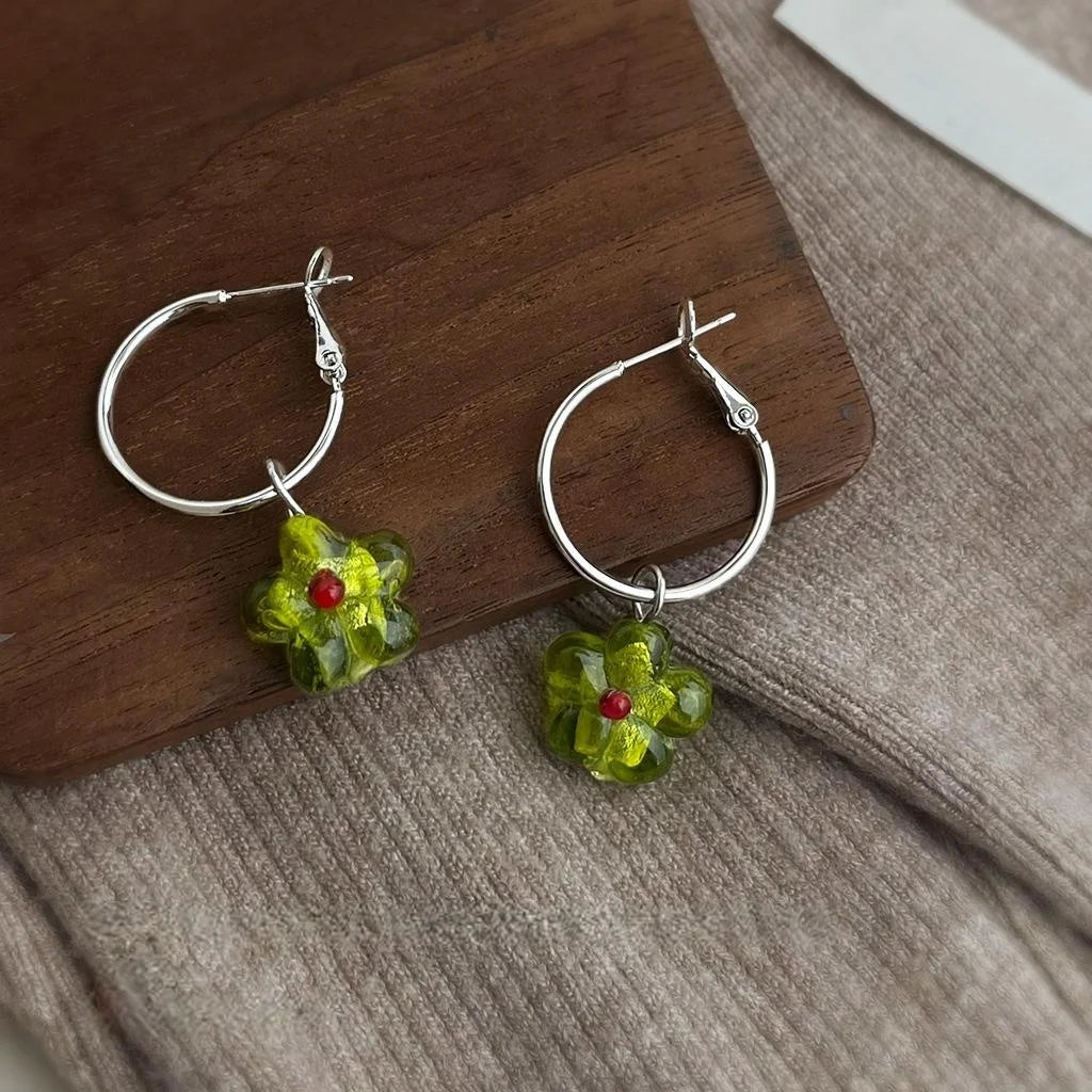 French Style Glass Liuli Flower Stud Earrings, Silver Plated Copper Summer Jewelry
