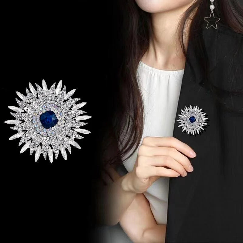 Luxury Rhinestone Sunflower Brooch With Blue Crystal Center, Elegant Floral Lapel Pin Corsage Gift