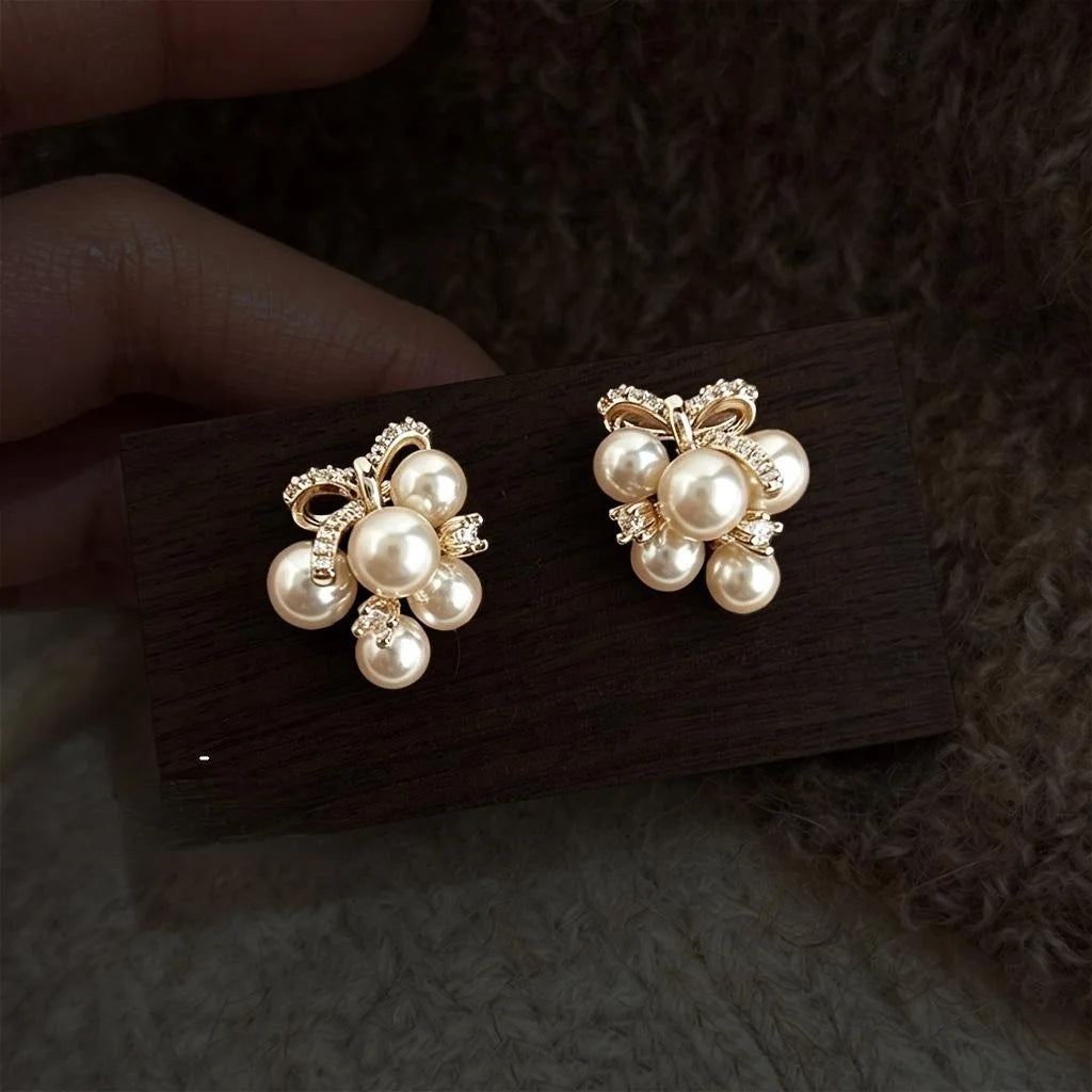 Light Luxury Coffee Gold Pearl Grape Cluster Zircon Micro Pave Stud Earrings For Women