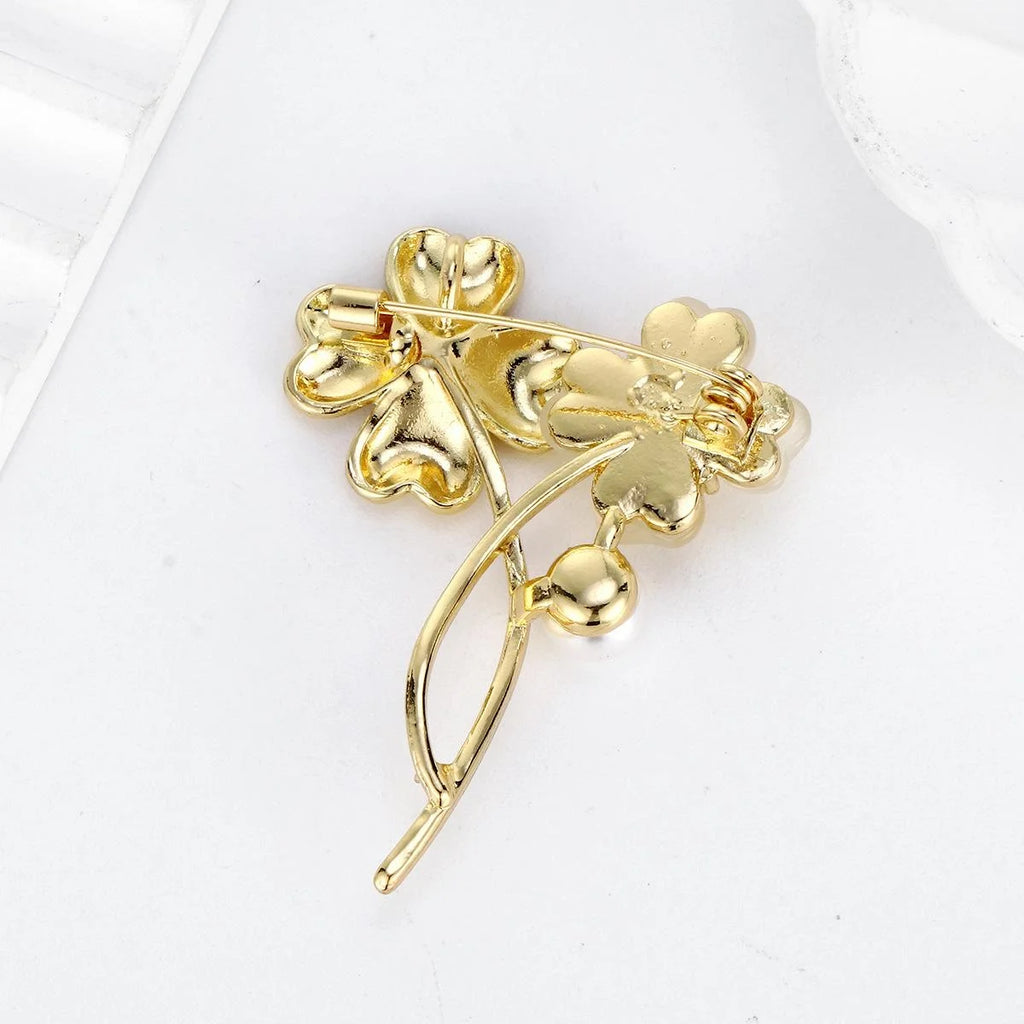 Elegant Double Flower Brooch With Faux Pearl And Rhinestone, Gold Alloy Lapel Pin Corsage Gift