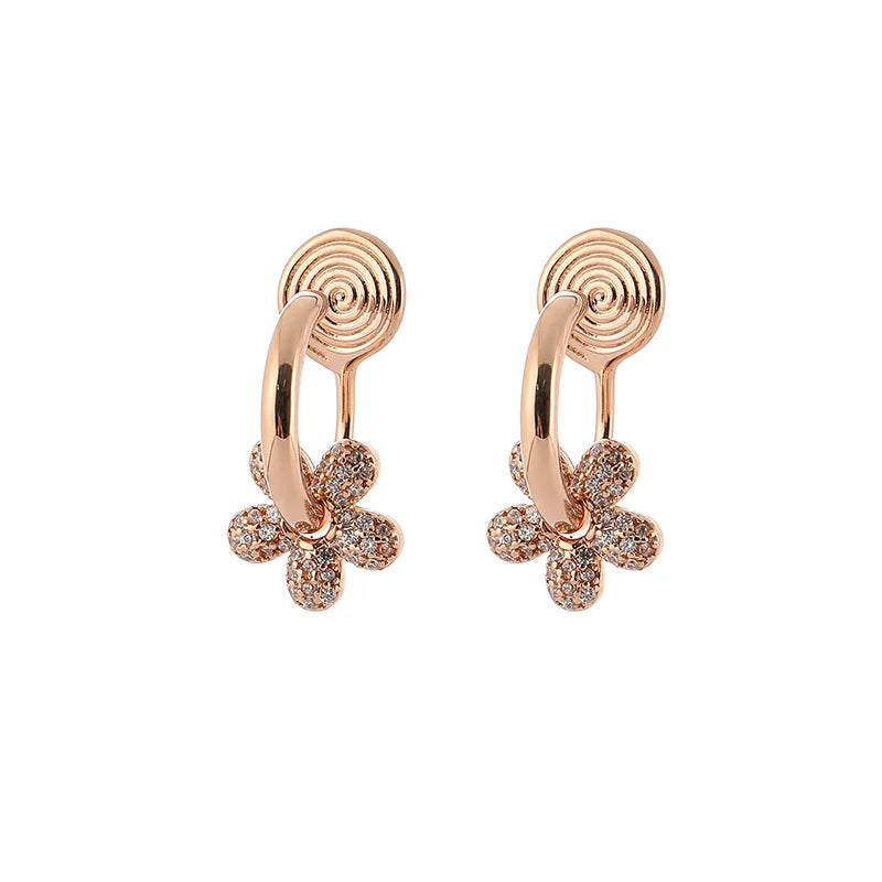 Elegant Rose Gold Rhinestone Flower Spiral Hoop Stud & Clip On No Piercing Women's Fashion Earrings
