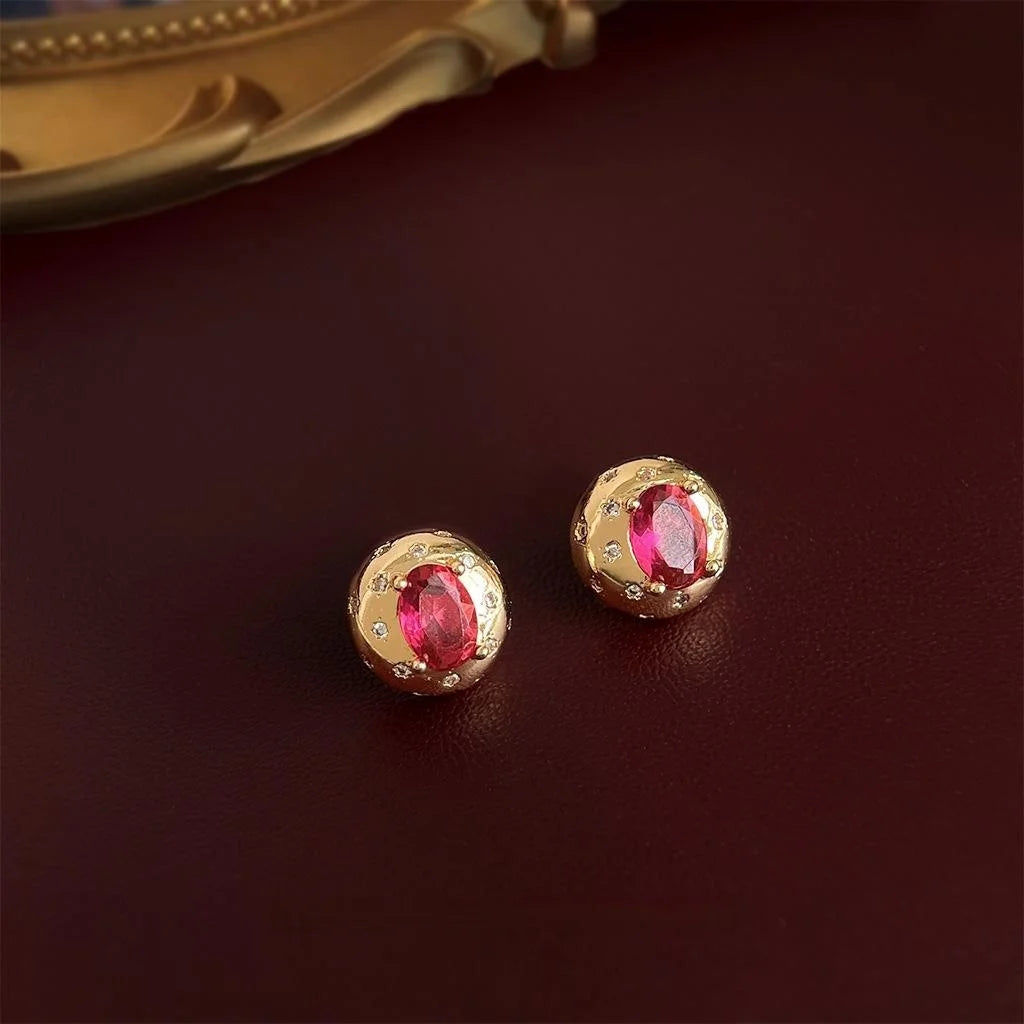 14K Plated Copper Rose Red Zircon Stud Earrings French Vintage Court Geometric Oval Design