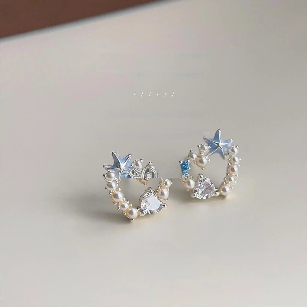 Sweet Vacation Zircon Starfish Heart Hoop Stud Earrings, Copper
