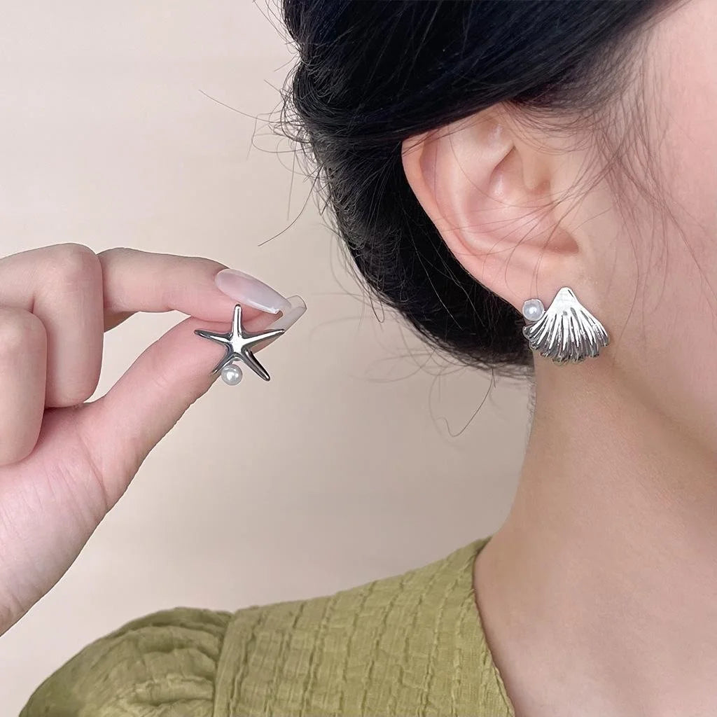 Ocean Series Asymmetric Starfish Shell Pearl Copper Stud Earrings Minimalist Chic Jewelry