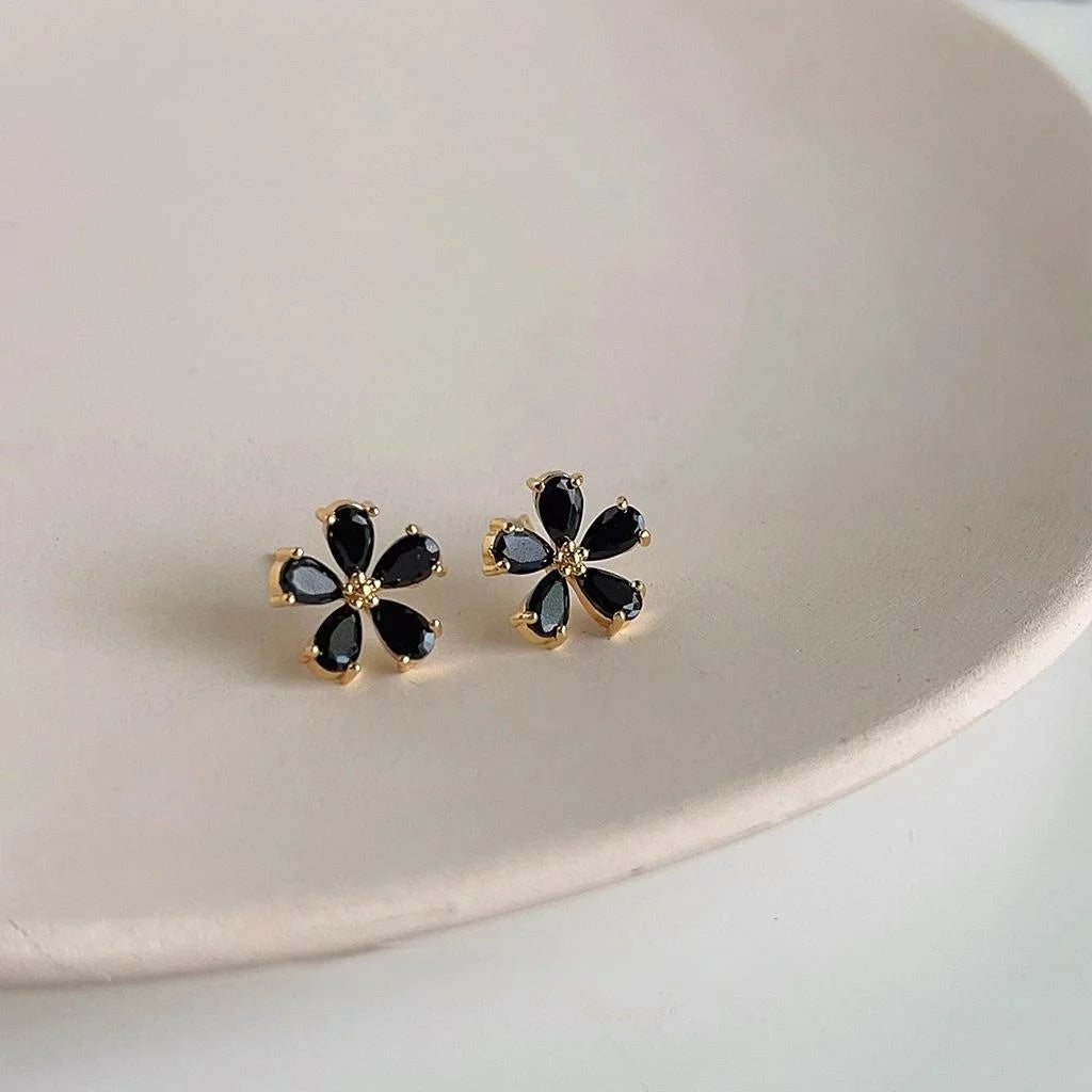 14K Plated Copper Black Flower Micro Pave Zircon Stud Earrings, Elegant Minimalist Ear Jewelry