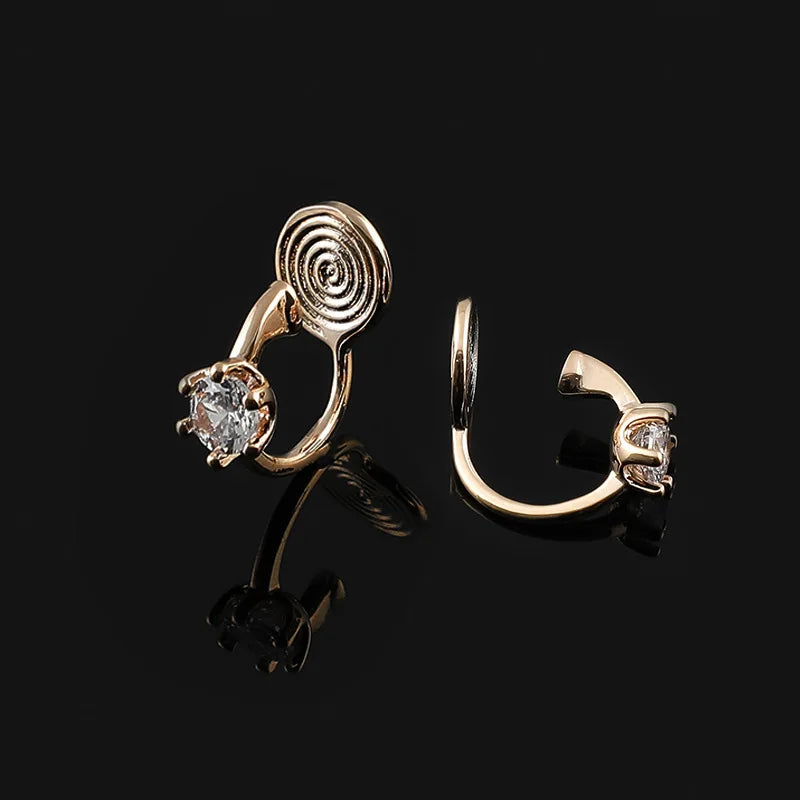 Elegant Gold Alloy Spiral Coil Hoop Zircon Stud & Clip On No Piercing Minimalist Round Cuff Earrings