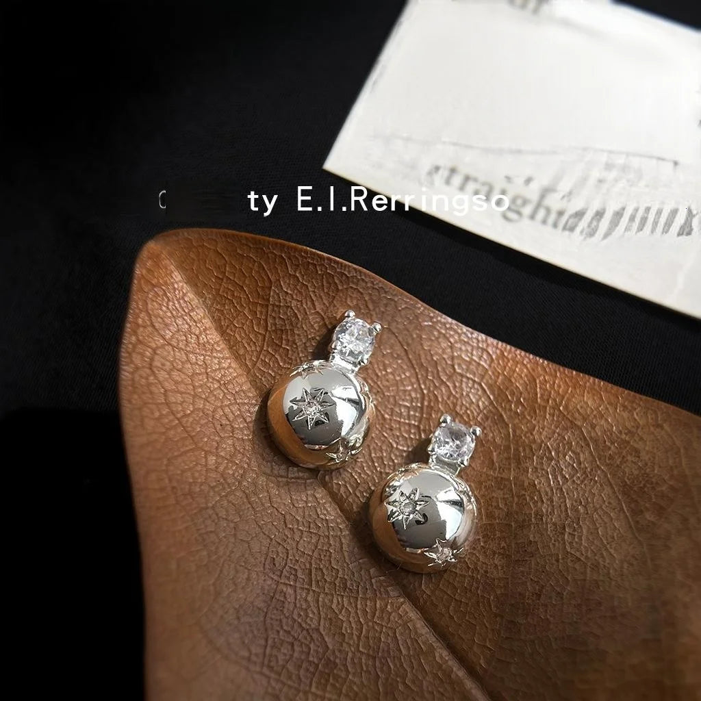 Light Luxury Copper Zircon Starburst Half Circle Geometric Silver Plated Stud Earrings