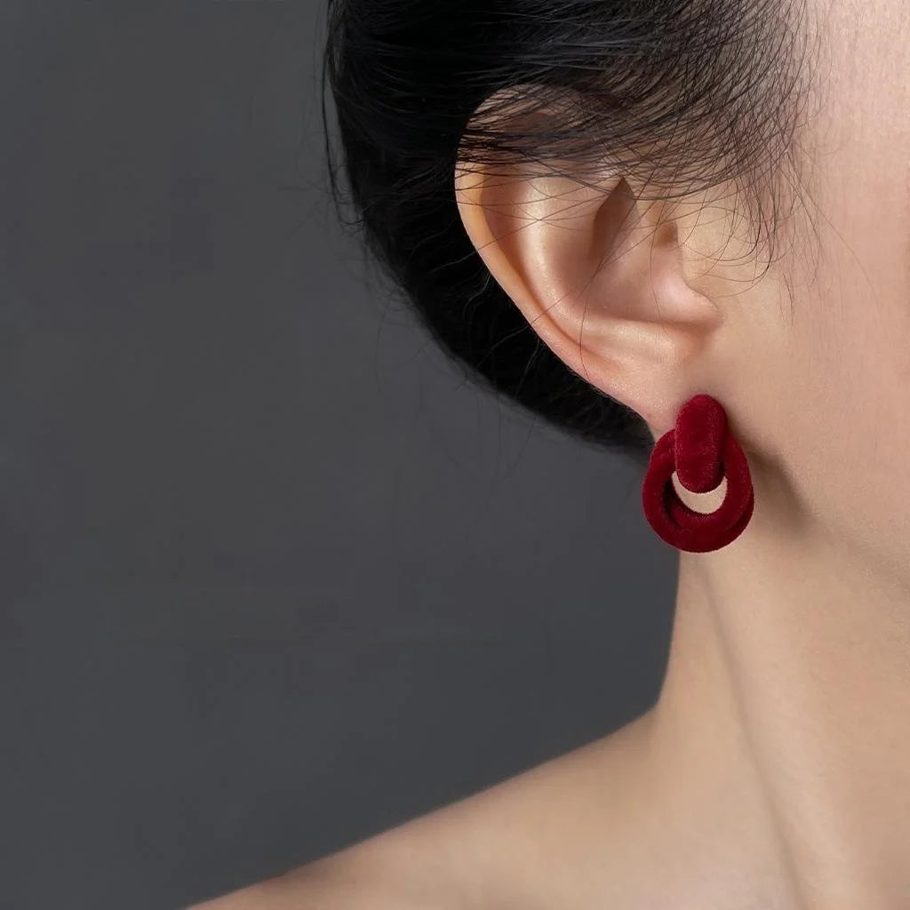 Burgundy Flocked Geometric Rope Knot Stud Earrings With Silver Plated Pins For Women