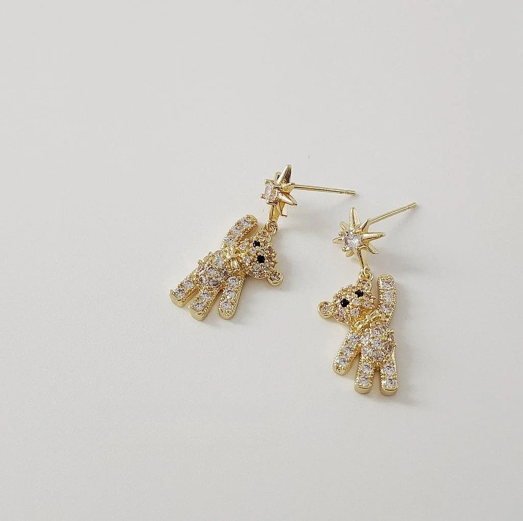 14K Gold Plated Copper Micro Pave Zircon Bear Stud Earrings For Women Luxury Minimalist Jewelry