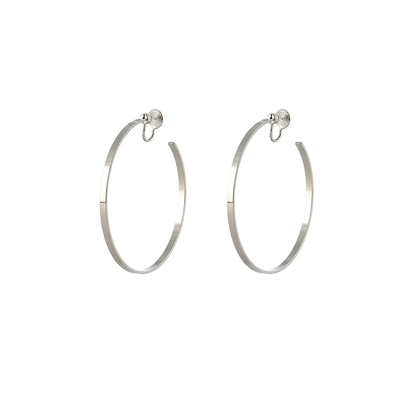 Silver Alloy 6cm Oversized Spiral Disc Hoop Stud & Clip On No Piercing Statement Earrings
