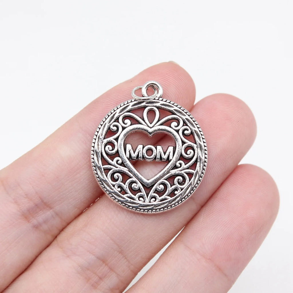26x22mm 3.3g Antique Silver Zinc Alloy Lace Heart MOM Charm Pendant for DIY Mother Theme Jewelry