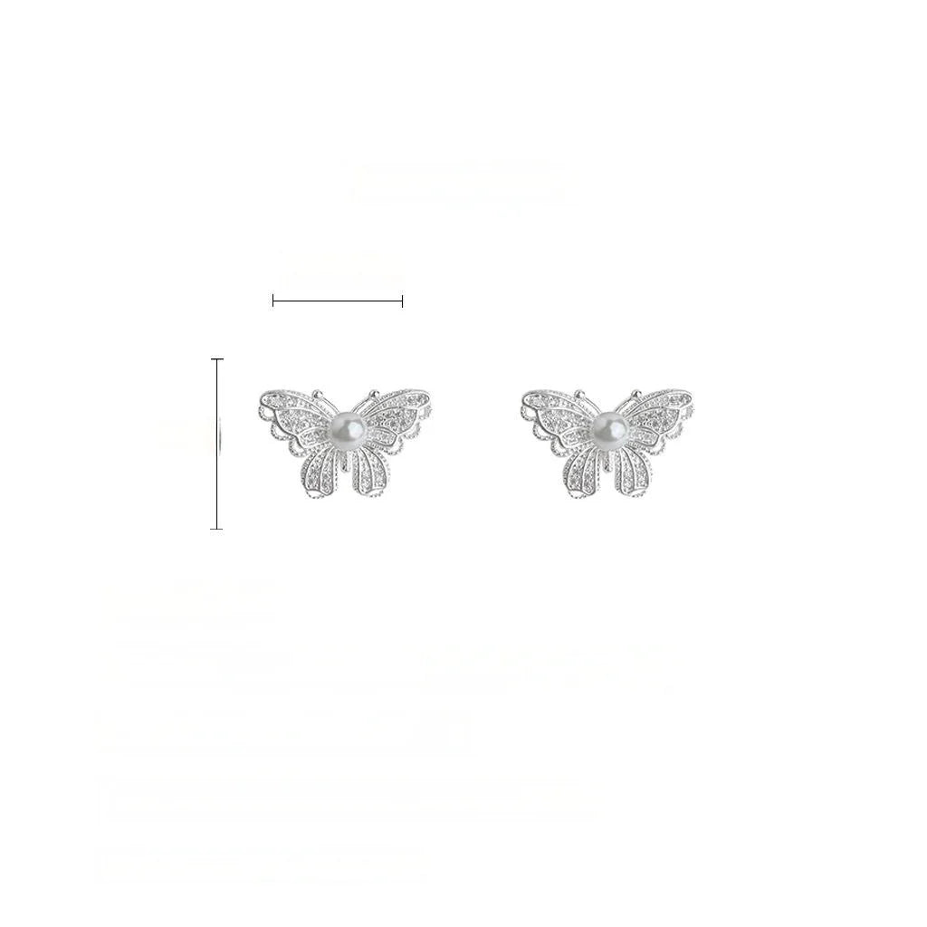 Fashion Light Luxury Micro Pave Zircon Pearl Butterfly Stud Earrings In Eco-Friendly Copper