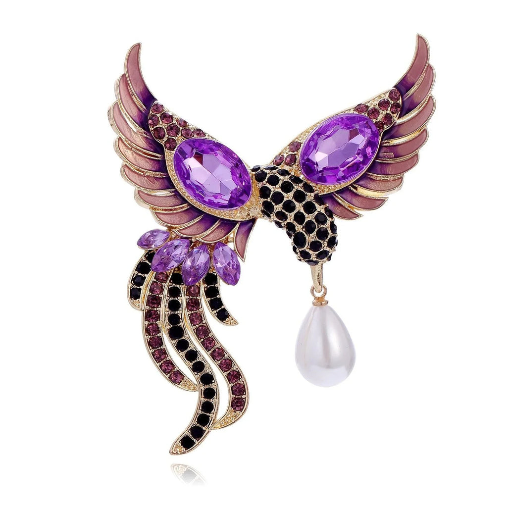 Luxury Phoenix Bird Brooch With Purple Rhinestones, Enamel Wings And Pearl Drop Lapel Pin Suit Accessory