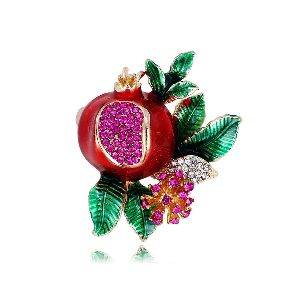 Elegant Enamel Pomegranate Fruit Brooch With Rhinestone Seeds And Green Leaves, Women's Lapel Pin Gift