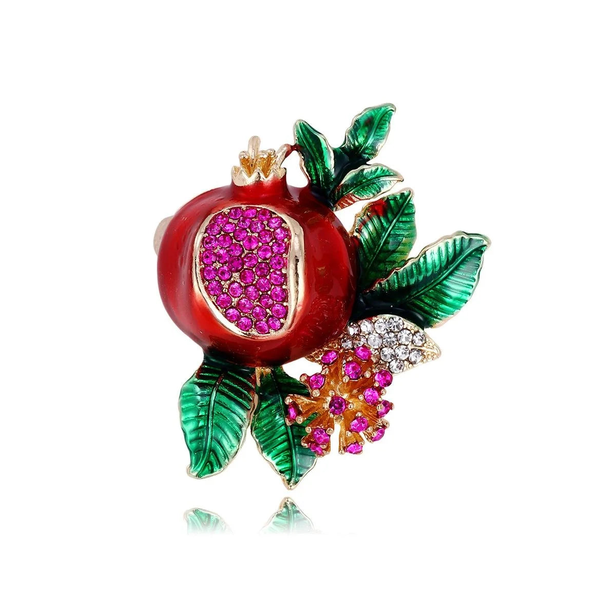 Elegant Enamel Pomegranate Fruit Brooch With Rhinestone Seeds And Green Leaves, Women's Lapel Pin Gift