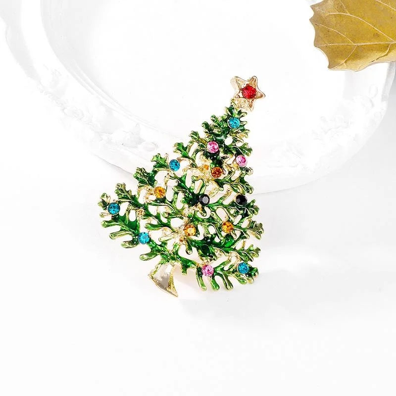 Elegant Enamel Christmas Tree Brooch With Colorful Rhinestones, Star Top Lapel Pin Corsage Gift