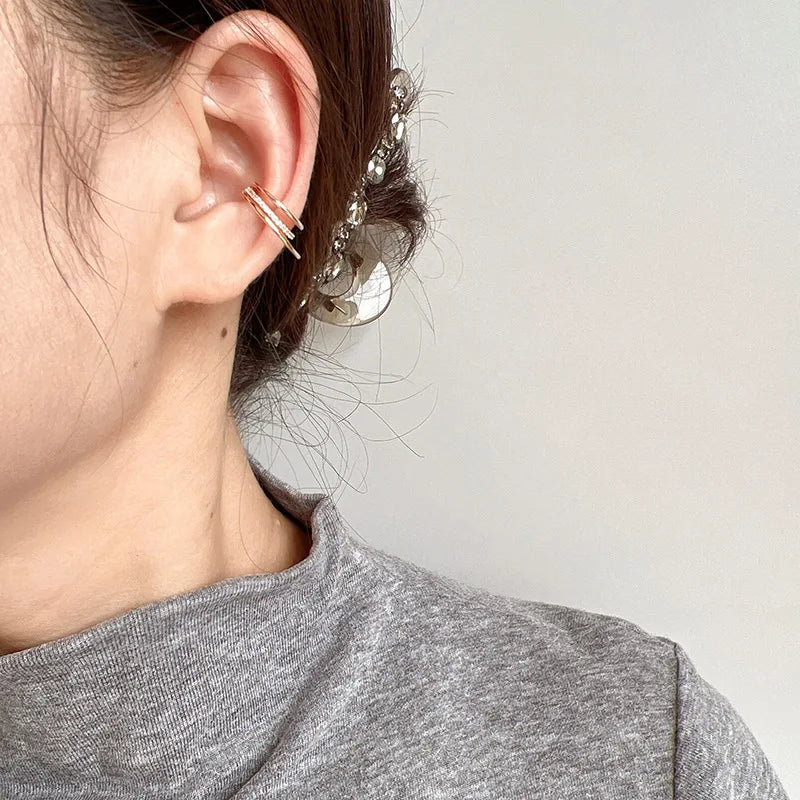 Elegant Champagne Gold Alloy Triple Hoop Rhinestone Ear Cuff Stud & Clip On No Piercing Earrings