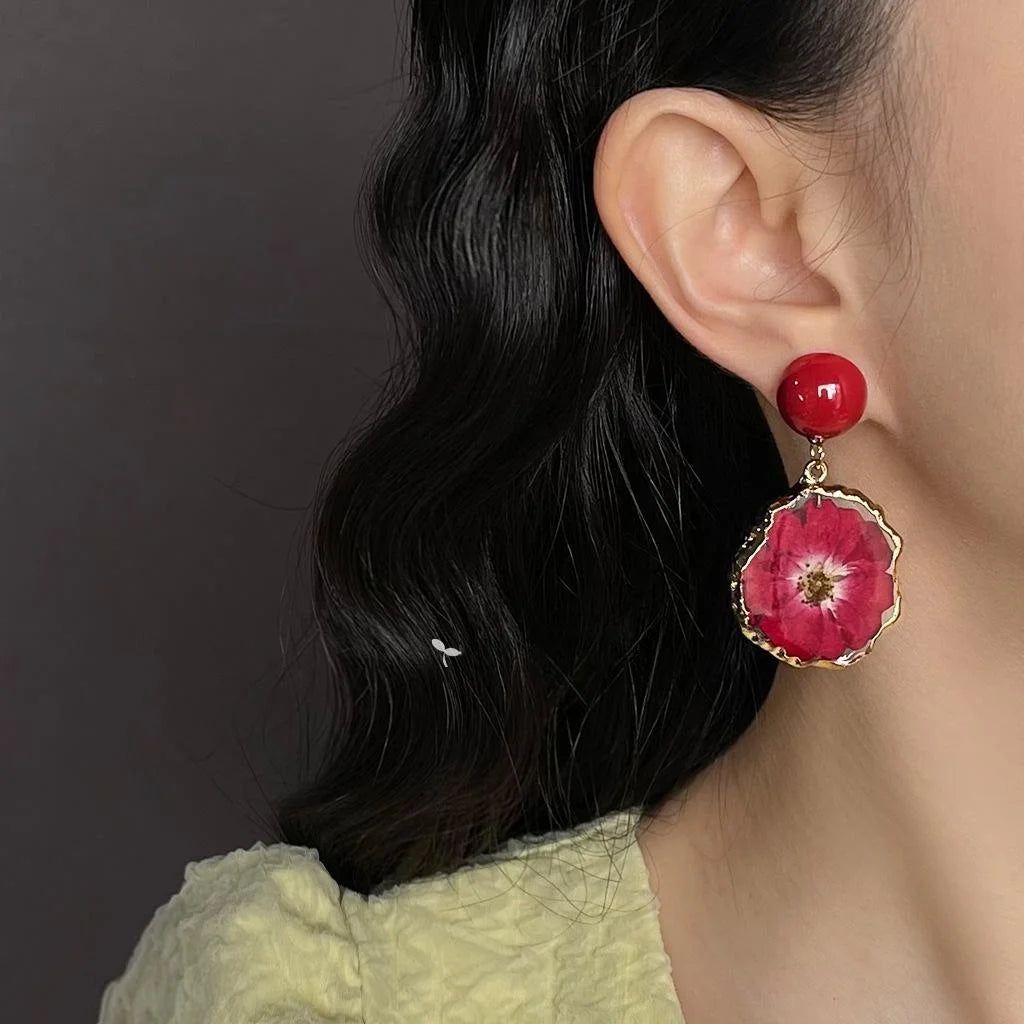 Natural Dried Flower Petal Drop Earrings Sweet Vacation Style Floral Statement Jewelry