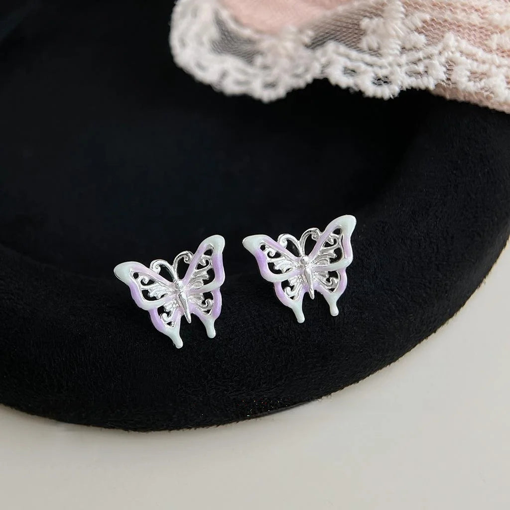 Sweet Colorful Enamel Hollow Butterfly Copper Stud Earrings