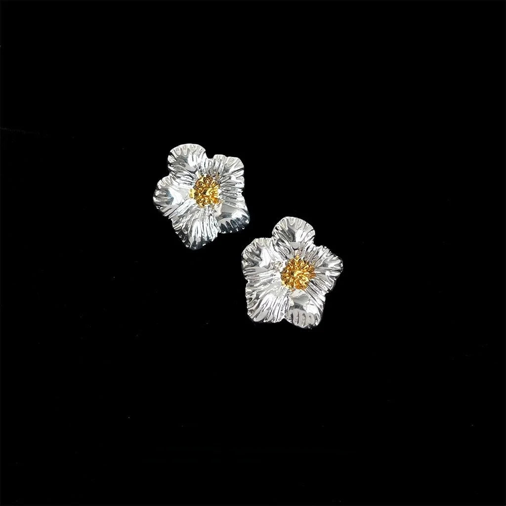 Two Tone Plated Eco Copper Textured Gardenia Flower Stud Earrings Sweet Cool Commuter Jewelry