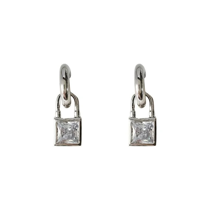 Copper Geometric Sugar Cube Zircon Lock Stud Earrings Minimalist Luxury Style For Women