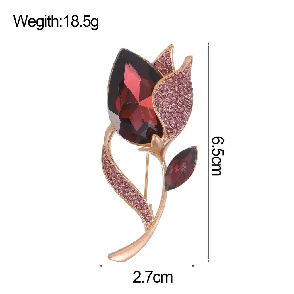 Elegant Glass Tulip Flower Brooch With Rhinestone Alloy Stem, Women's Lapel Pin Corsage Suit Accessory Gift