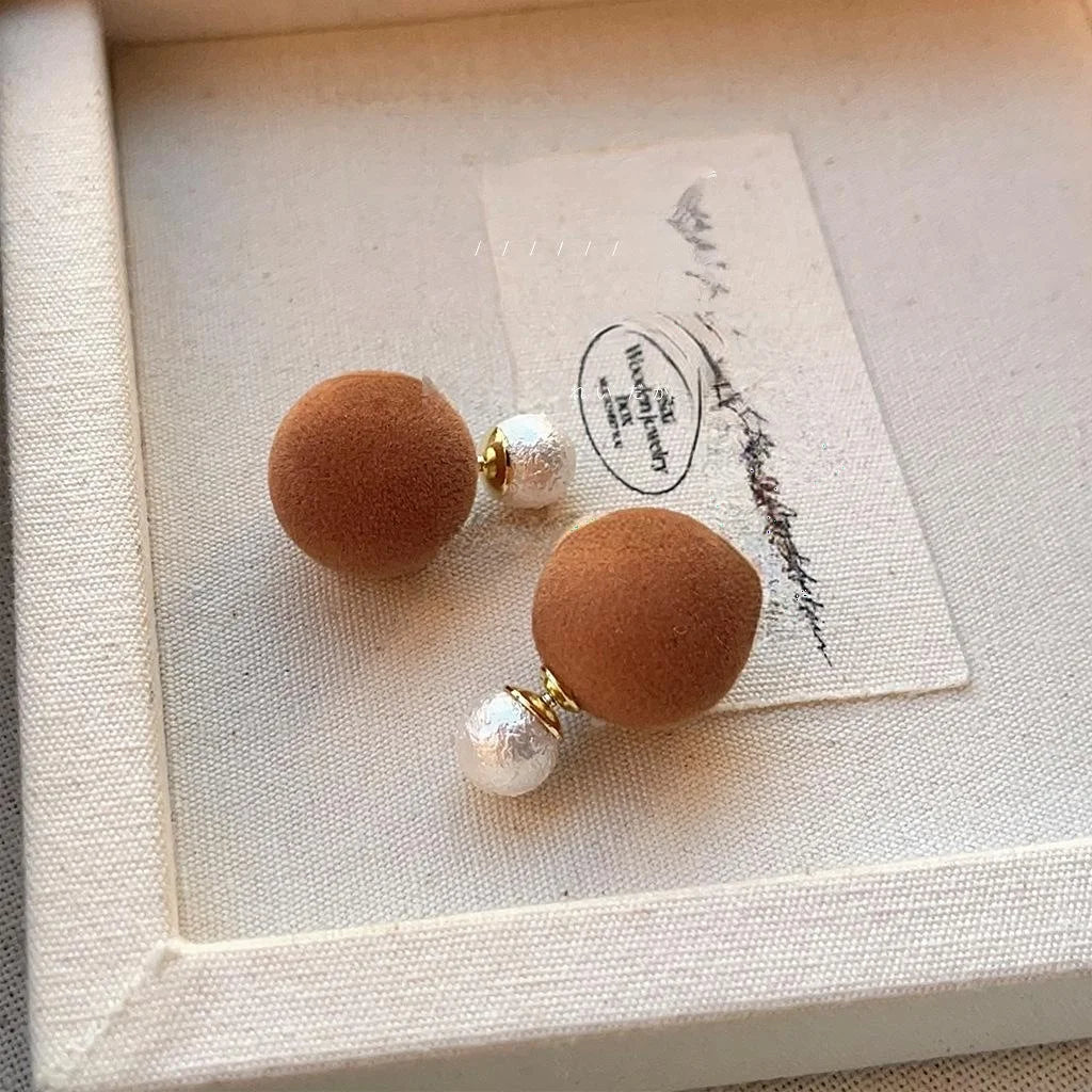 Flocked Round Geometric Pearl Stud Earrings Copper Fashion OL Jewelry