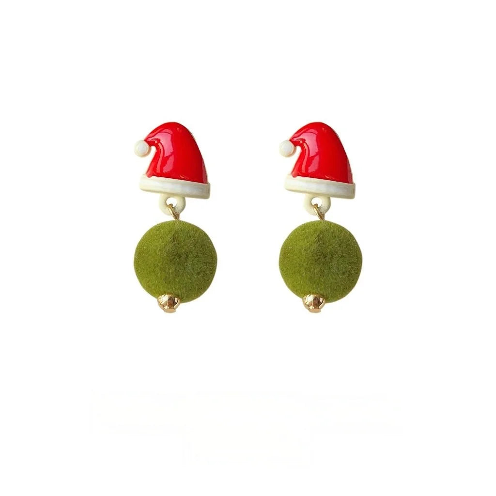 Premium Copper Christmas Santa Hat Pom Pom Drop Earrings Festive Green Red Winter Jewelry